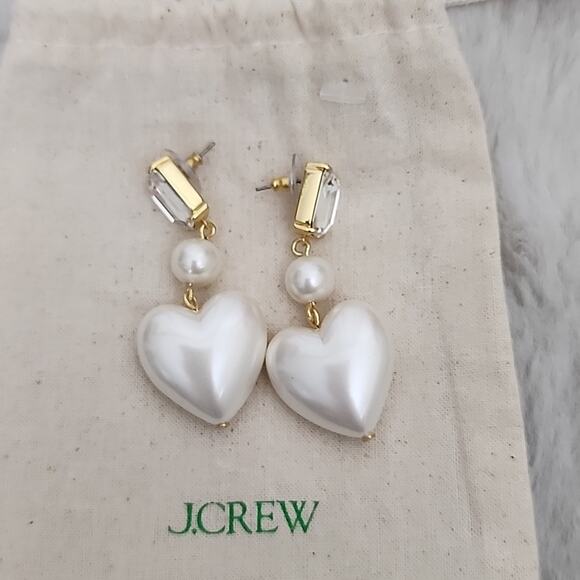 NEW J. Crew Elegant Crystal And Pearl Gold White Heart Drop Earrings - Picture 1 of 8